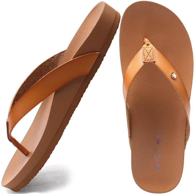 ONCAI Womens Flip Flops For Women Comfortable Strap Yoga Mat Non-Slip Women's Thong Sandal Casual Summer Beach Slippers With Arch Support Khaki Size 9 - Image 1